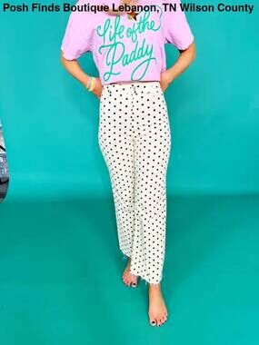 NEW POPPY & PINE women's mini polka dot stretchy denim pants in ivory